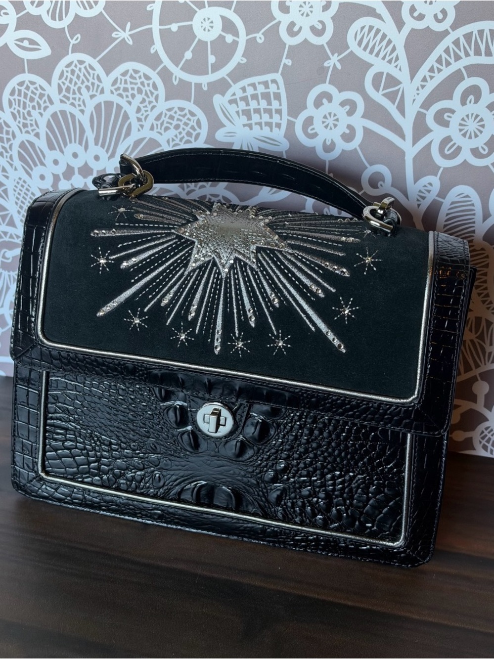 FIRM Brahmin Hallie Black Revel Luxury CRYSTALS ITALIAN SUEDE Satchel Bag $495 - Picture 4 of 13